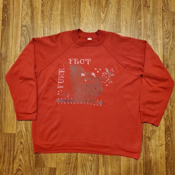 The Unbranded Brand Sweaters - Vintage Kitty‎ Cat Sweatshirt Women XL Red Purr-fect Cat Graphic Raglan Pullover